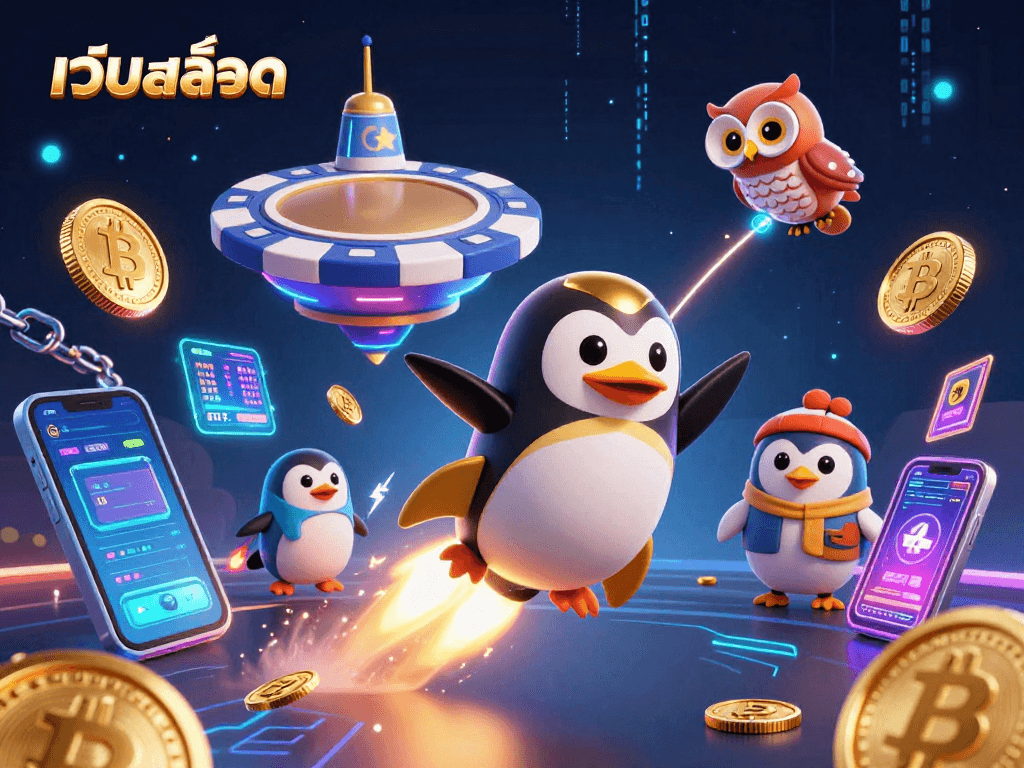 Engage with เว็บสล็อต by testing your luck with our animated golden penguin in a vibrant casino-themed galaxy.