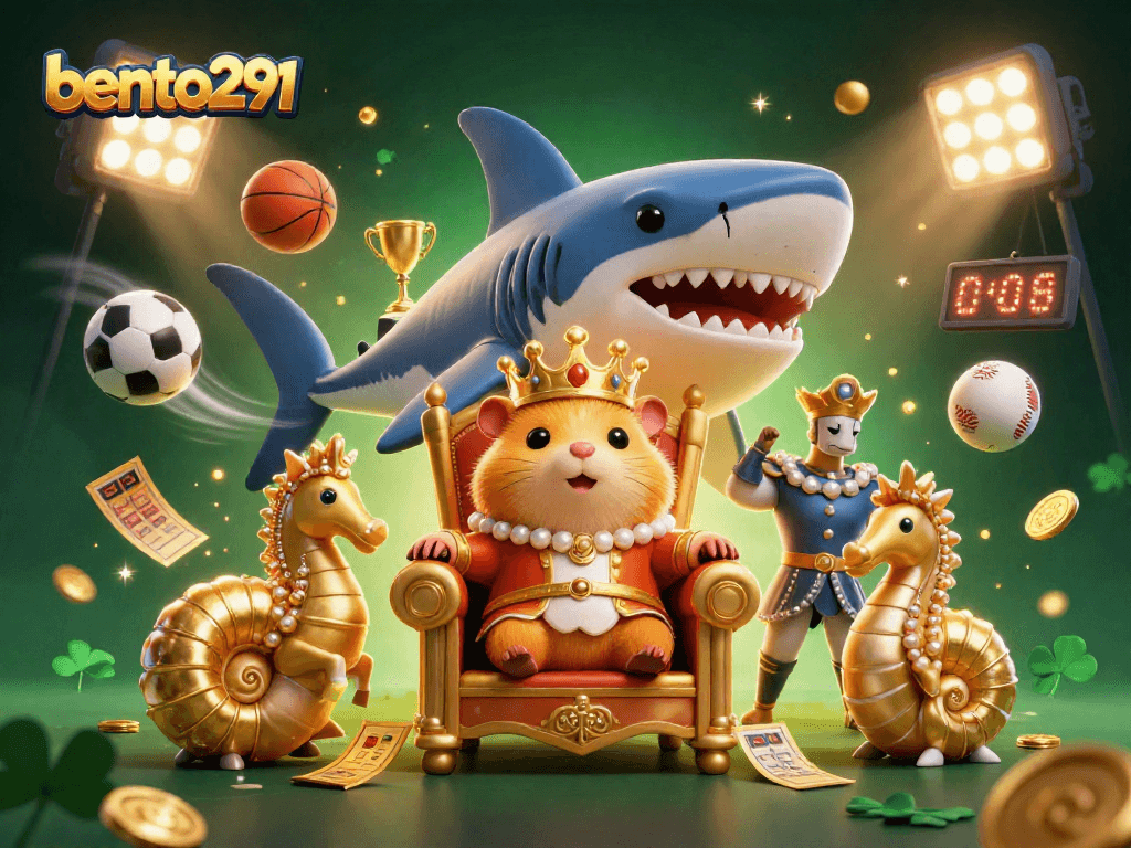 Place bets with engaging bento291 inspired illustration featuring sports elements and a royal hamster king.