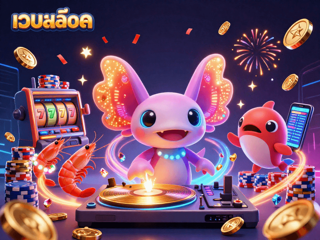 Experience exciting เว็บสล็อต gameplay with a dynamic scene featuring a lively axolotl DJ and vibrant casino elements.