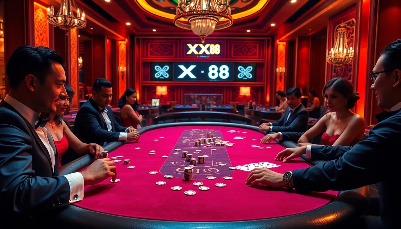 Experience the excitement of playing poker at XX 88's luxurious casino table.