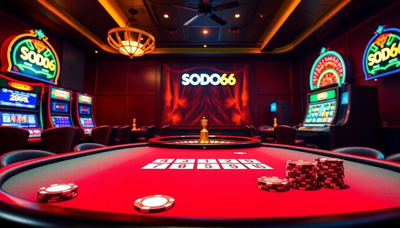 Experience the thrill of online gambling at SODO66 with vibrant casino visuals full of poker chips and table games.