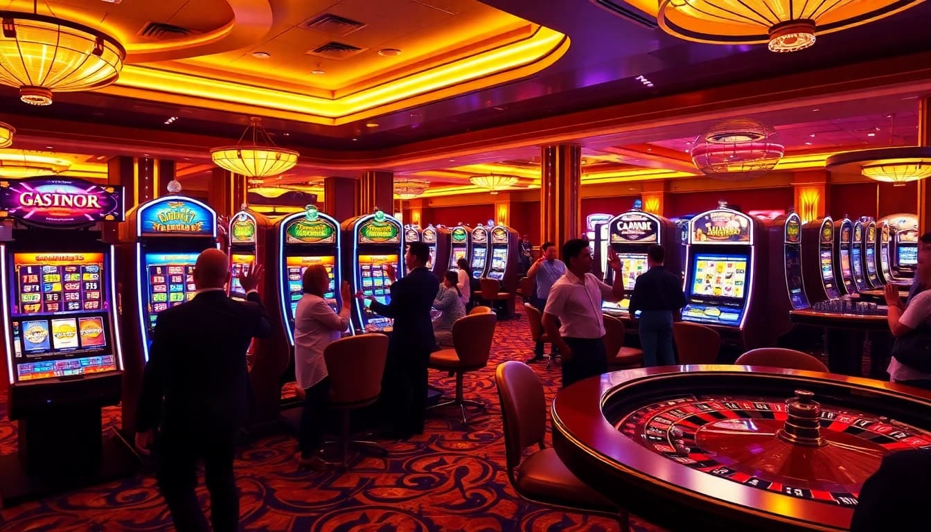 Players enjoying the excitement of slot gacor machines in a luxurious casino environment.