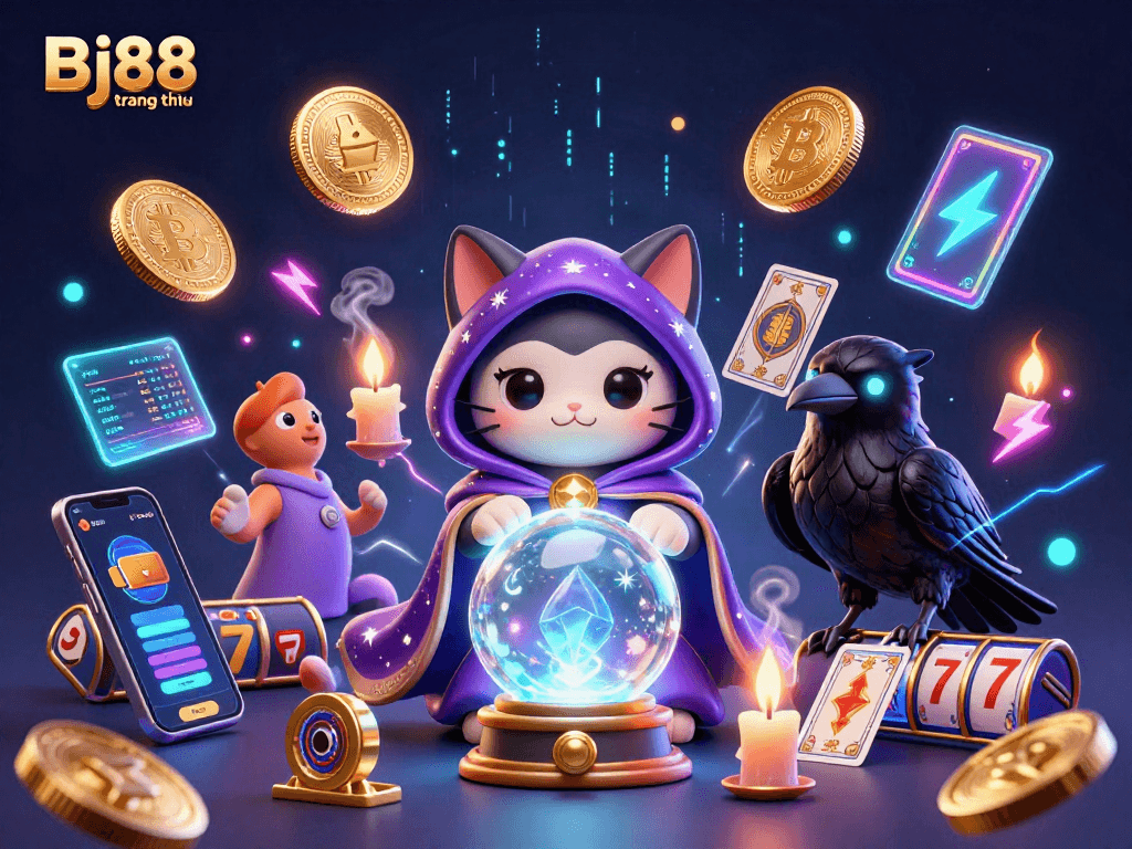 Bj88 trang chủ showcases a mystical cat and raven in a vibrant casino backdrop with glowing crypto elements.