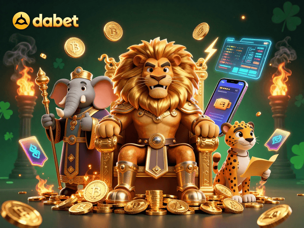 Experience thrilling wins at dabet with a vibrant 3D casino scene featuring animated characters and crypto elements.