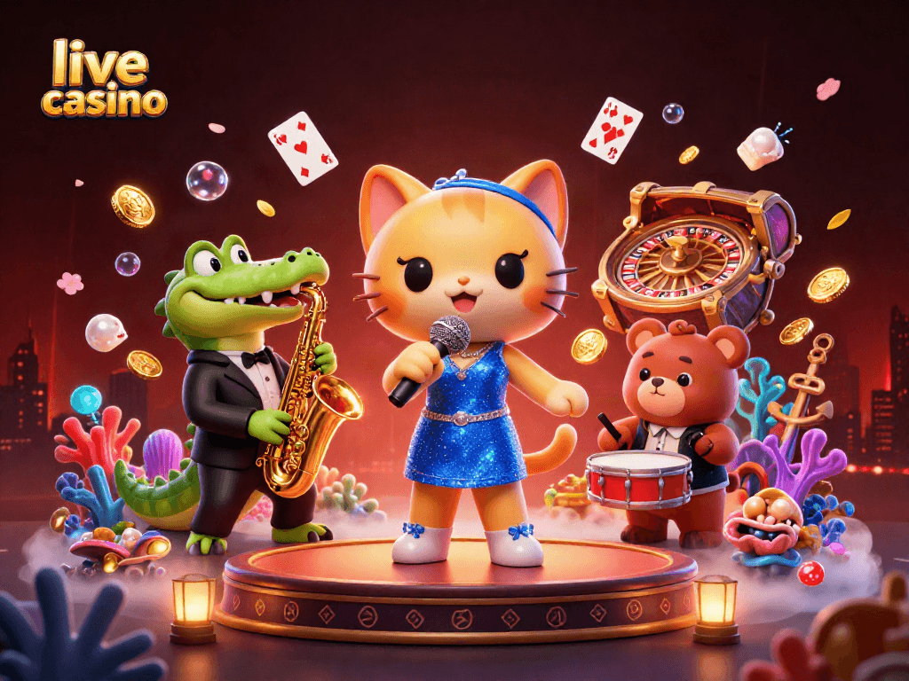 Experience thrilling live casino action with a 3D jazz-singer cat, saxophonist crocodile, and drum-playing bear!