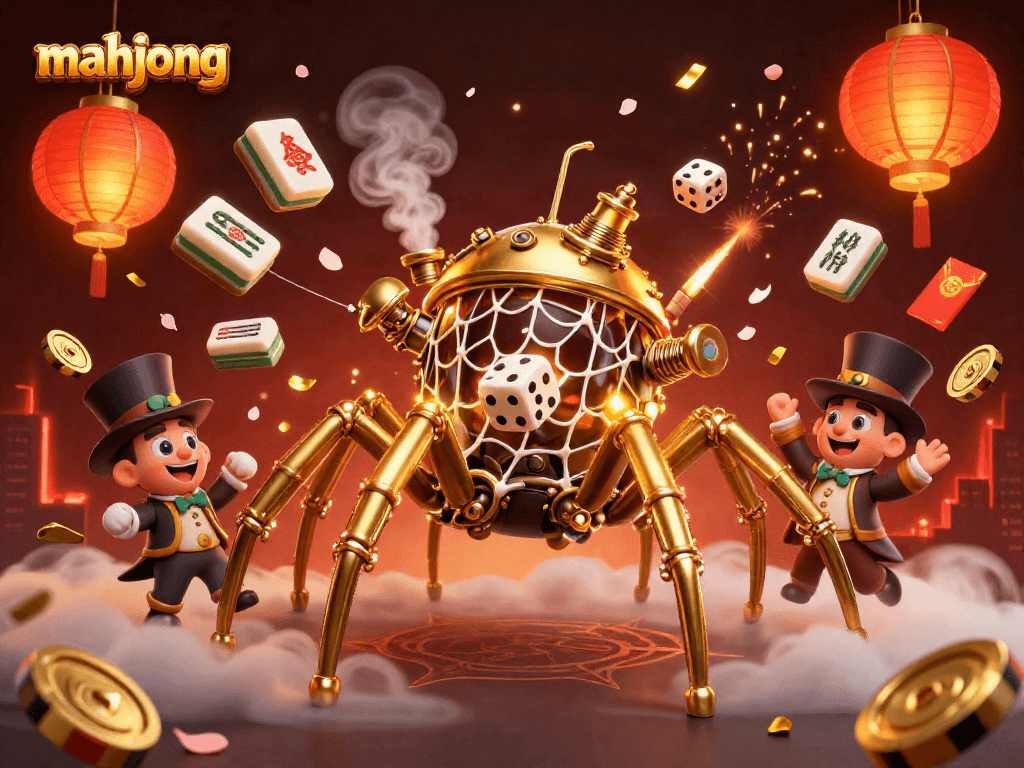 Play mahjong with an adventurous steampunk-themed spider and vibrant casino elements.