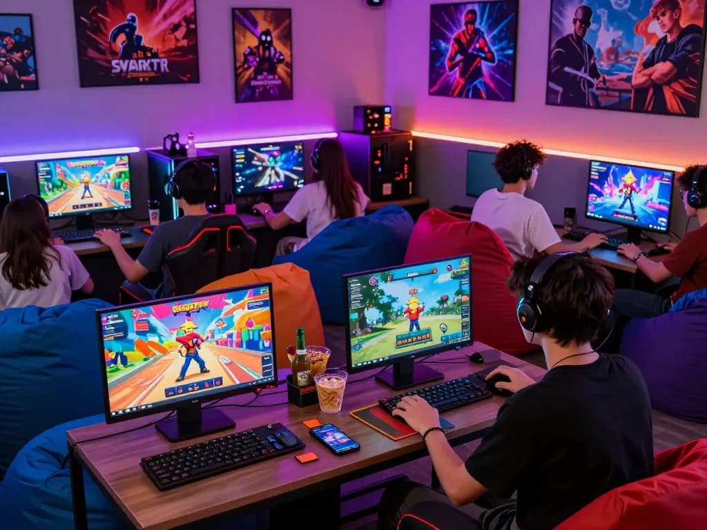 Friends playing porngames together in a vibrant gaming lounge.
