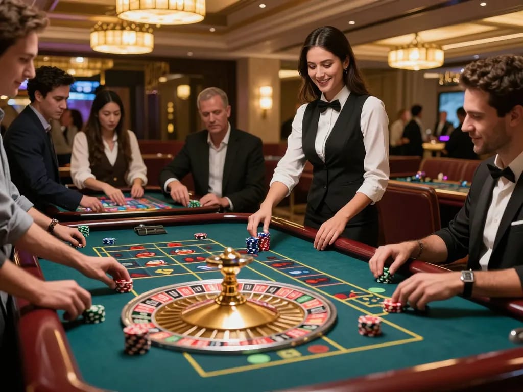 Players enjoying a thrilling roulette game at Go 88, with vibrant chips and a confident dealer spinning the wheel.