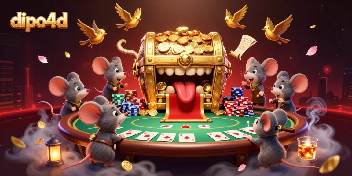 Menggoda pemain dengan dipo4d, peti harta karun berkilau dan meja poker penuh chip serta kartu.