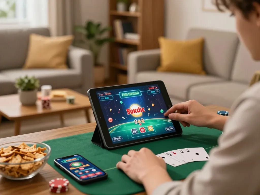 Engaging in online poker at https://sc88.casino/ in a cozy home setting with a tablet, coffee, and casual decor.