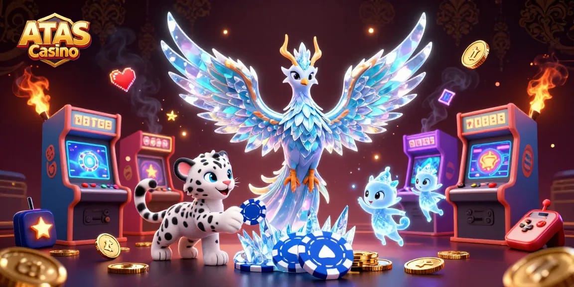 Engage with the enchanting ATAS Casino featuring a vibrant scene of gameplay around playful characters and casino elements.