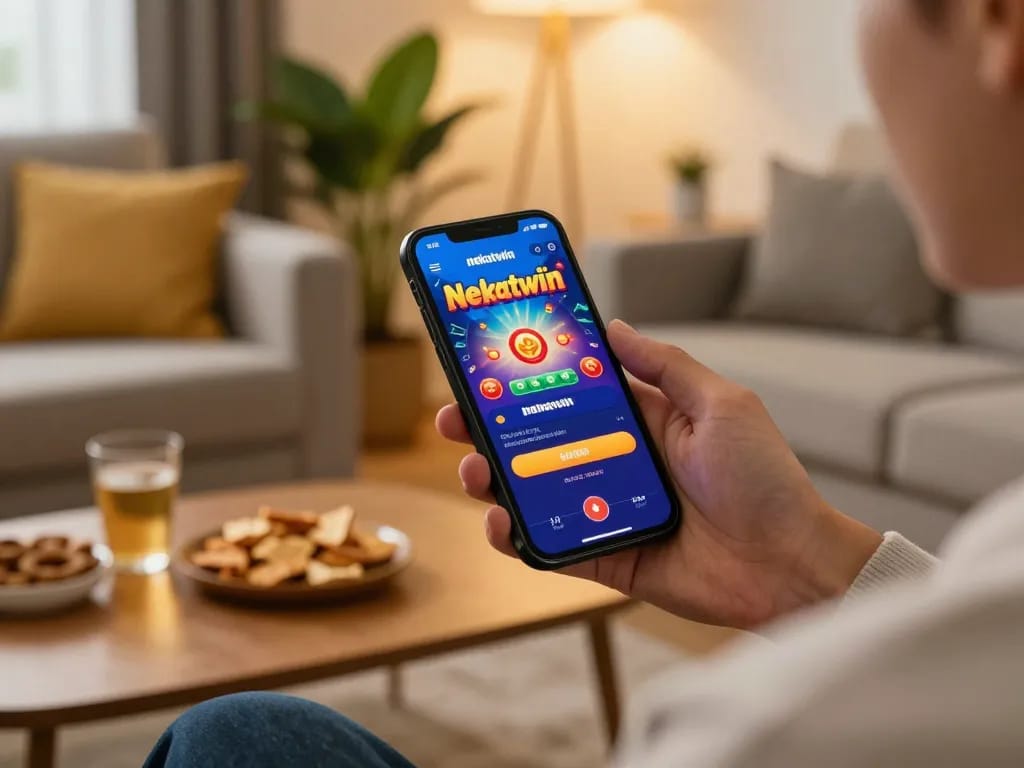 Nekatwin login experience on smartphone in a cozy living room enhancing online gaming comfort.