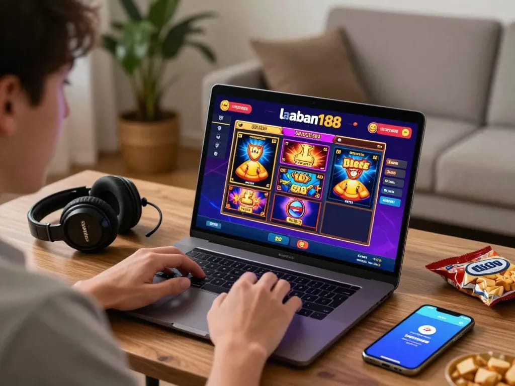 Pemain menikmati slot online laoban188 di pengaturan rumah yang nyaman, menunjukkan kegembiraan dan grafik permainan yang hidup.
