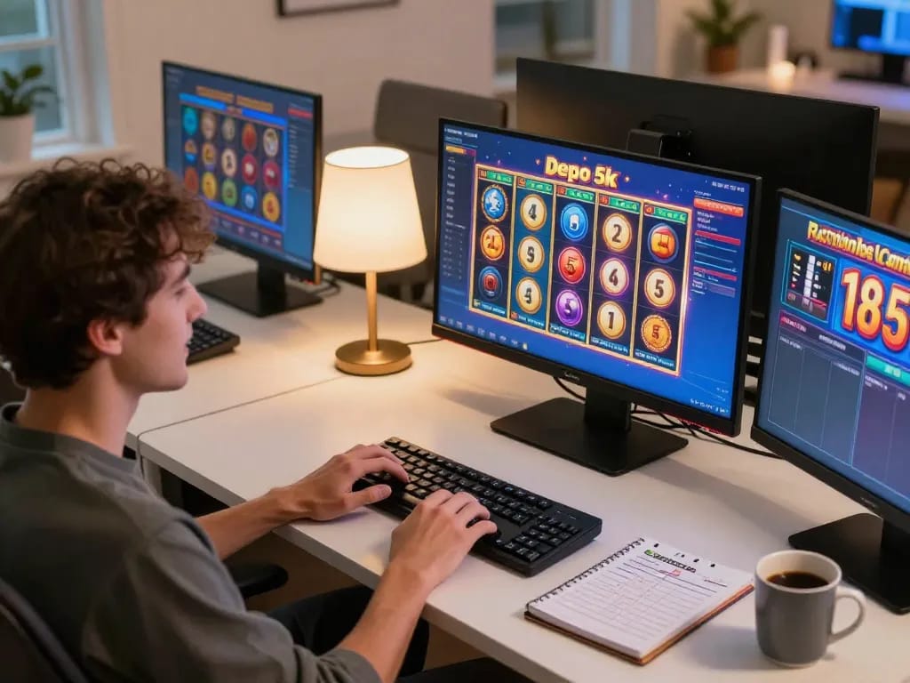 Engaging in online gaming with slot depo 5k, a player watches spinning reels on multiple screens.