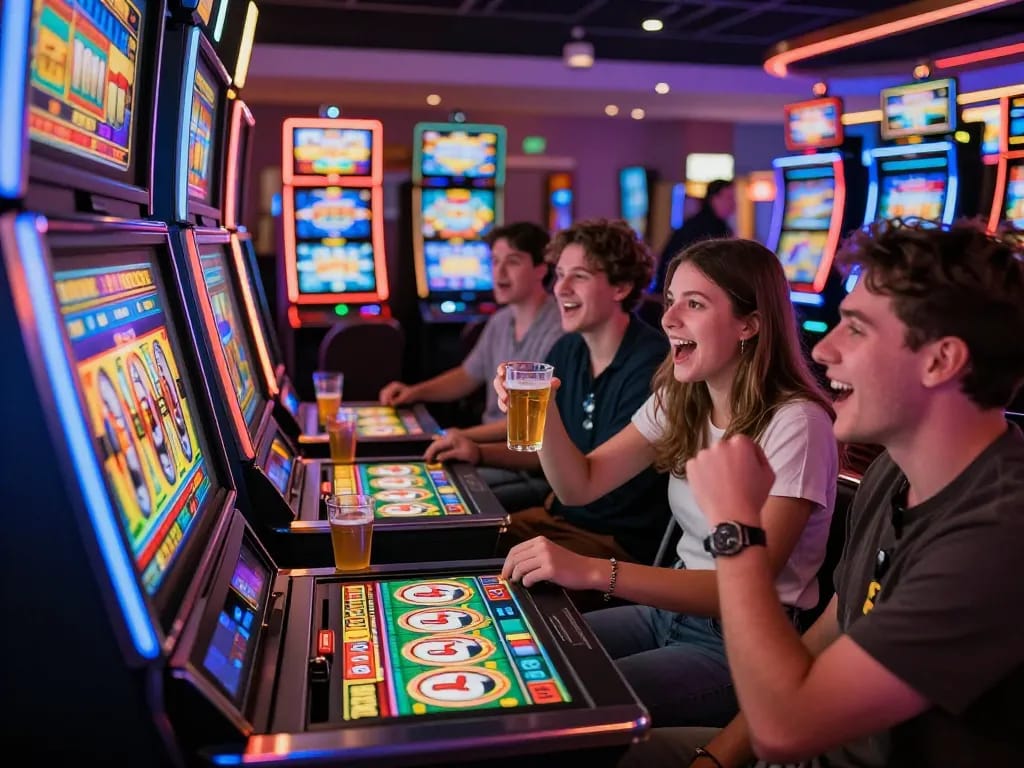 Friends enjoying link slot machines in a vibrant casino atmosphere.