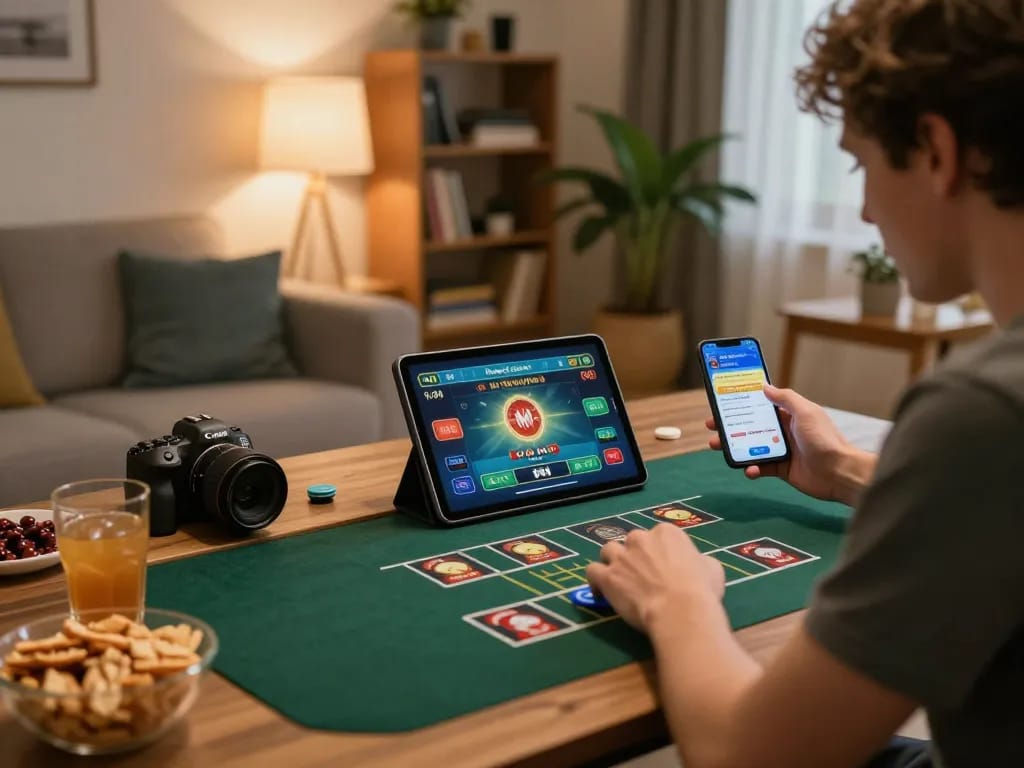 Orang yang menikmati permainan online dengan aplikasi tjroeng di tablet, terlibat dalam aksi dealer langsung, suasana rumah yang nyaman