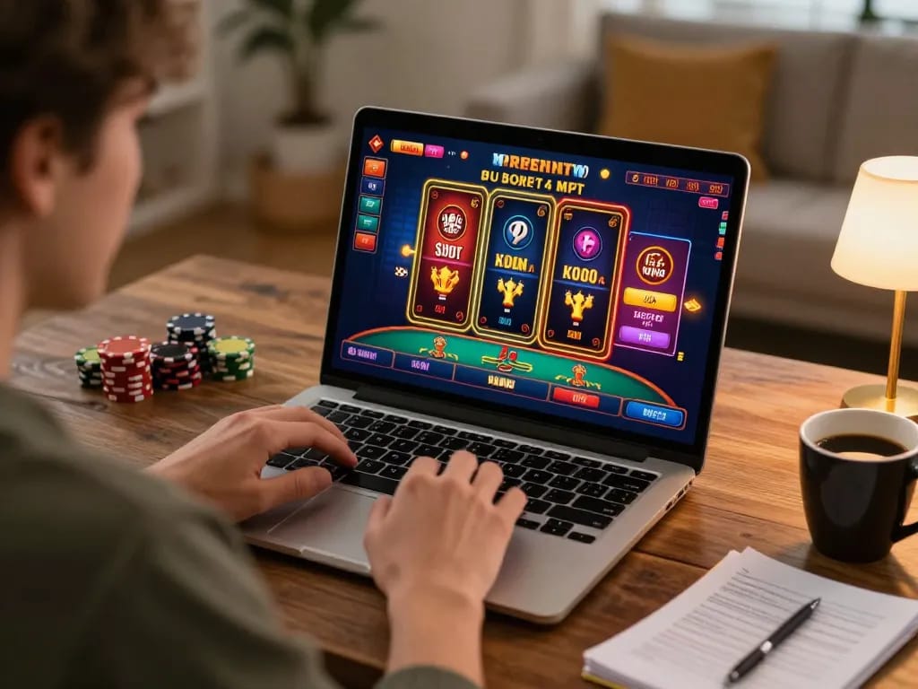 Player strategizing on kong88 during an intense online poker session at home, cozy atmosphere.