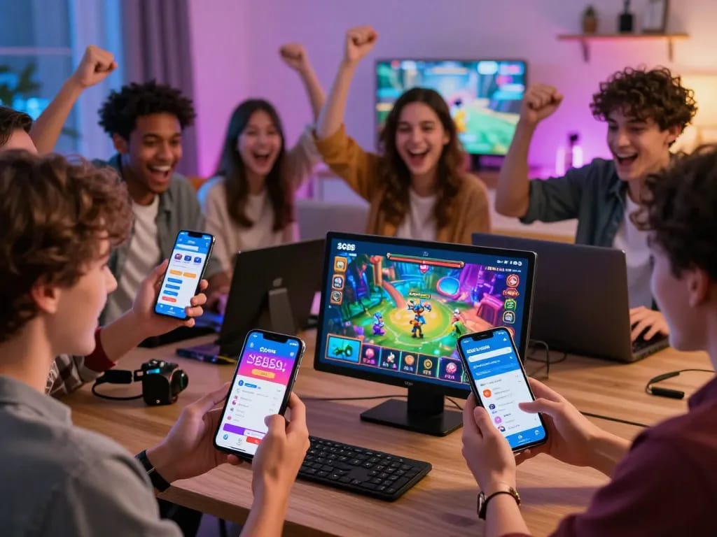 Exciting online gaming experience at https://sc88e.com/ showcasing friends enjoying games on mobile devices in a vibrant living room.