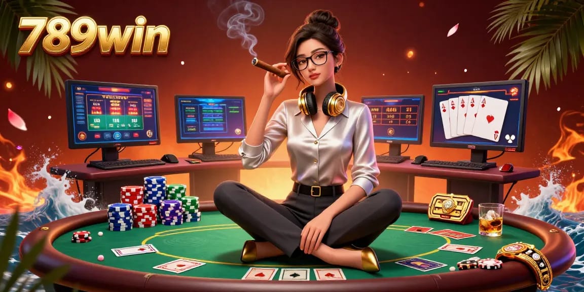 Bet on 789win with a stunning illustration showcasing casino games, poker chips, and vibrant graphics.