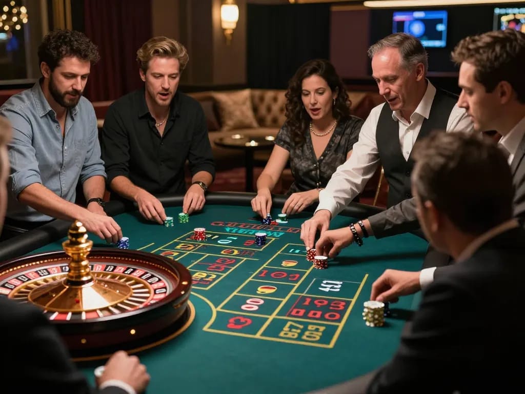 Experience the thrill at 789WIN with players engaged at a live roulette table in a vibrant casino environment.