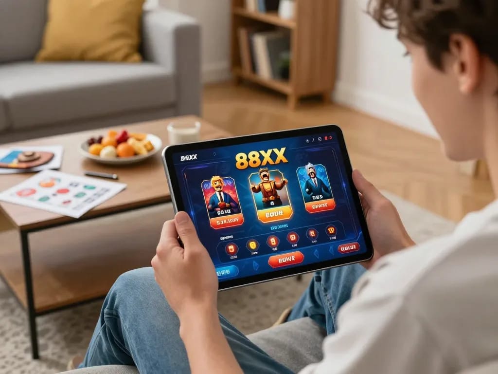 Engaging in online gaming at 88xx, a user enjoys a thrilling casino experience in a cozy home setting.