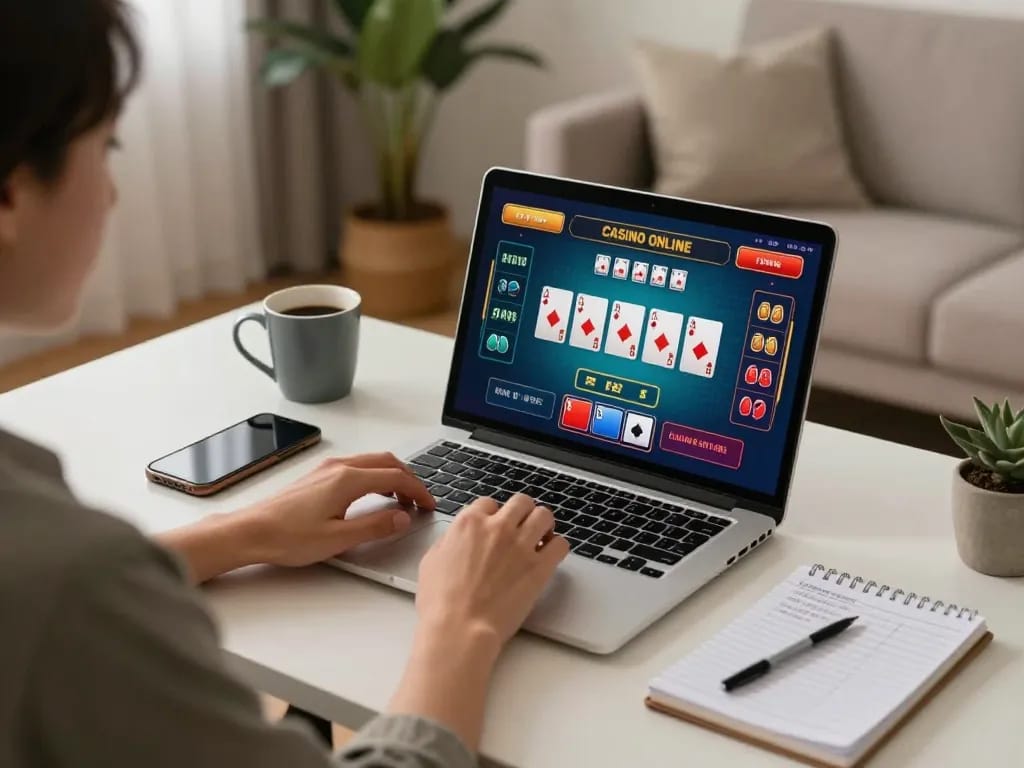 Engaging in Casino Online gameplay on a laptop in a cozy home setting, featuring baccarat interface.