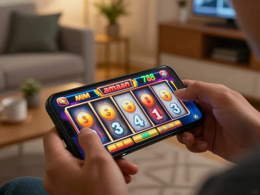 Player enjoying an online slot game experience with aman788 on smartphone, celebrating a win.