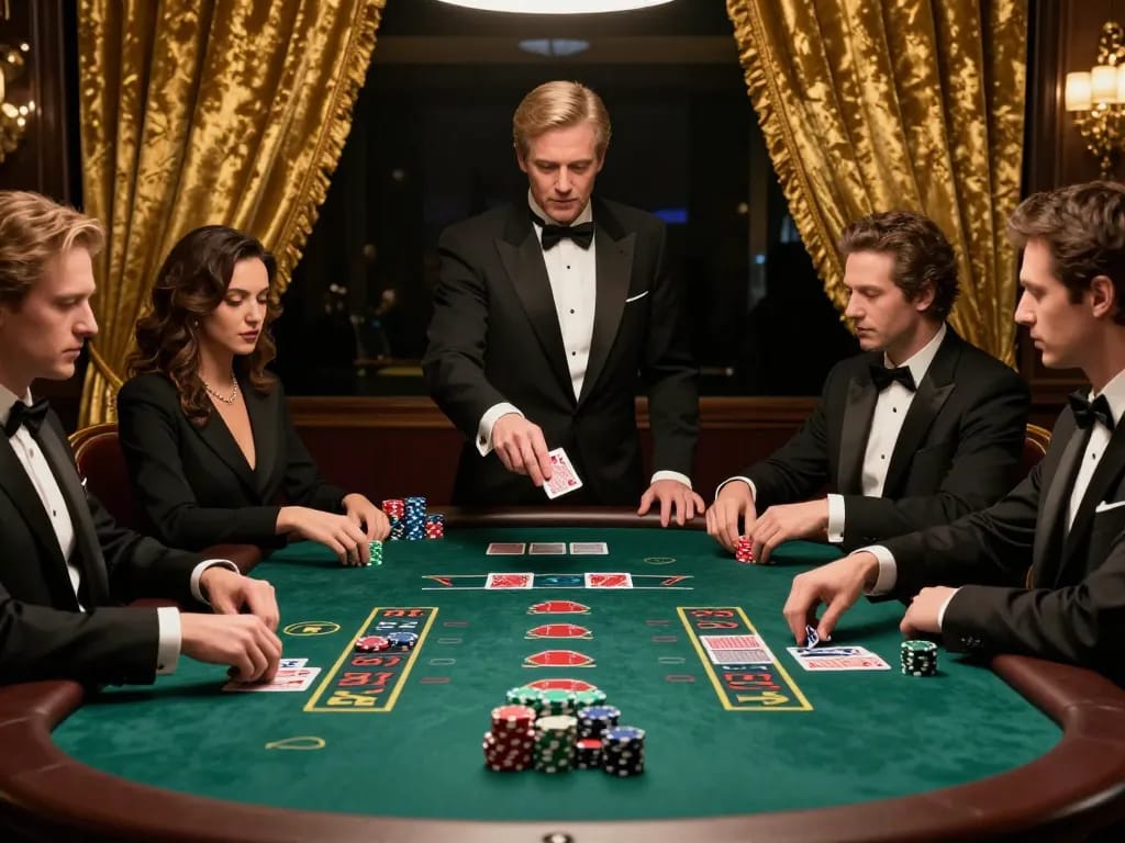 Players at 88aa blackjack table strategizing their next move amid an upscale casino atmosphere.