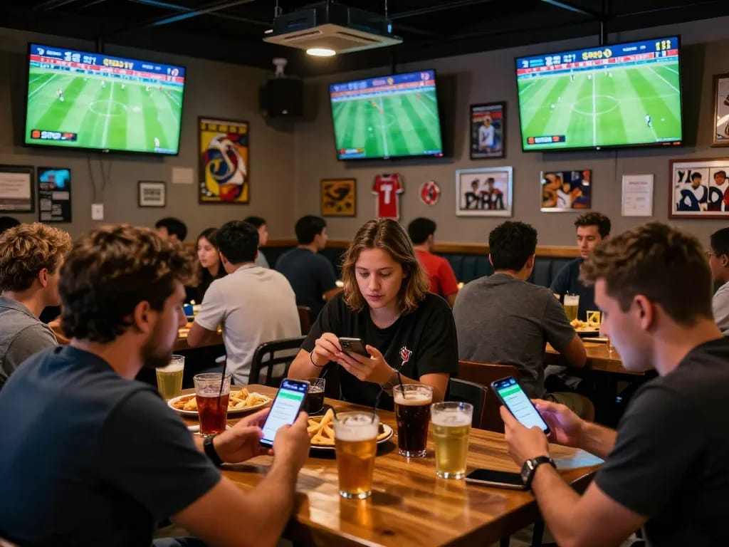 Tamu merayakan pembaruan skor SPBO 1 sambil menikmati olahraga langsung di bar yang meriah.