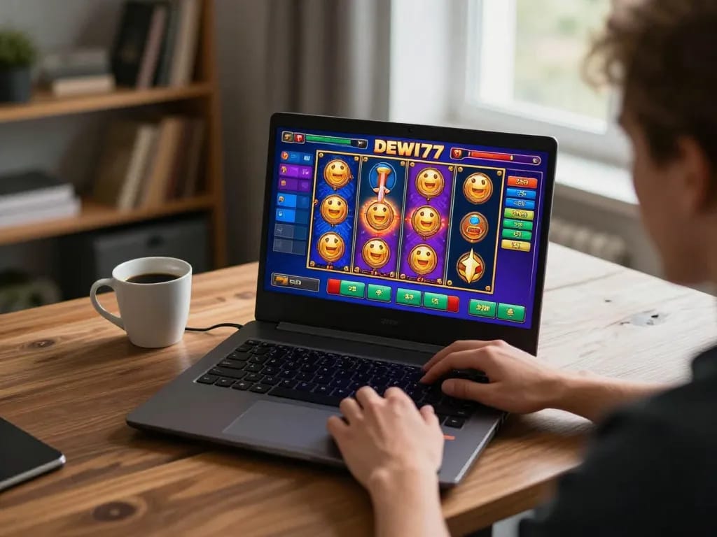 Pemain yang terlibat dengan permainan kasino online DEWI77 di laptop bergaya di rumah, menampilkan pengalaman bermain yang mendalam