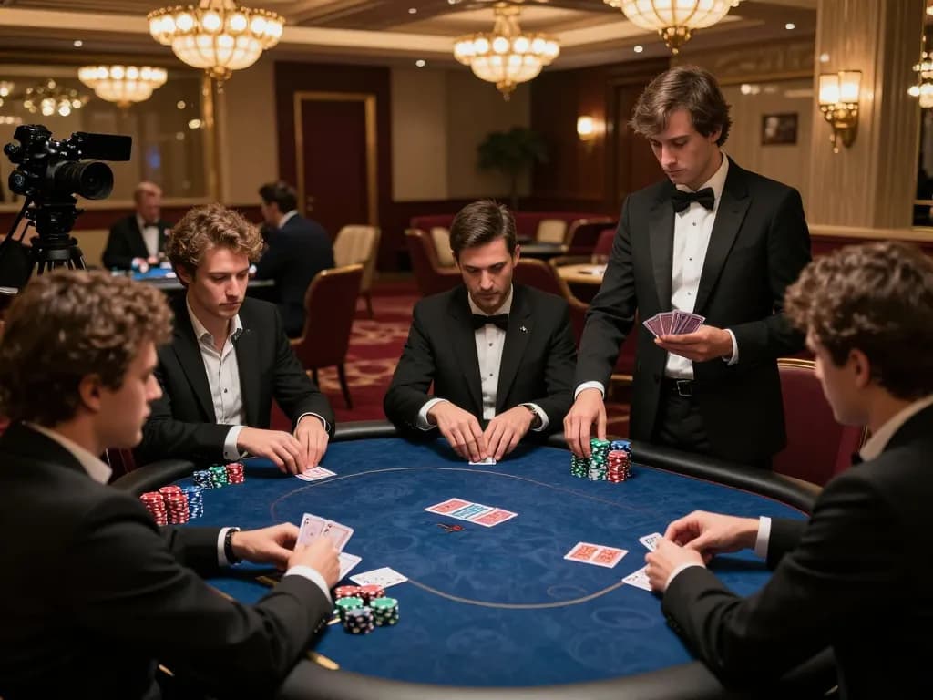 maxpoker88 players engaging in a lively VIP poker game, showcasing strategic gameplay and a luxurious casino setting.