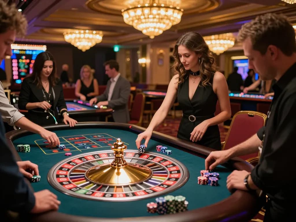 W4U players excitedly place bets at a glamorous roulette table in a lively casino