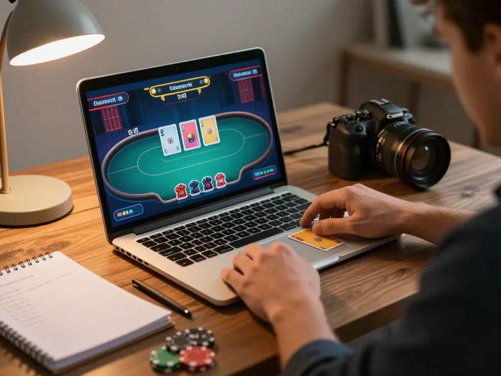 Player engaging in an online poker game with lu88. and strategic notes in a cozy home setup.