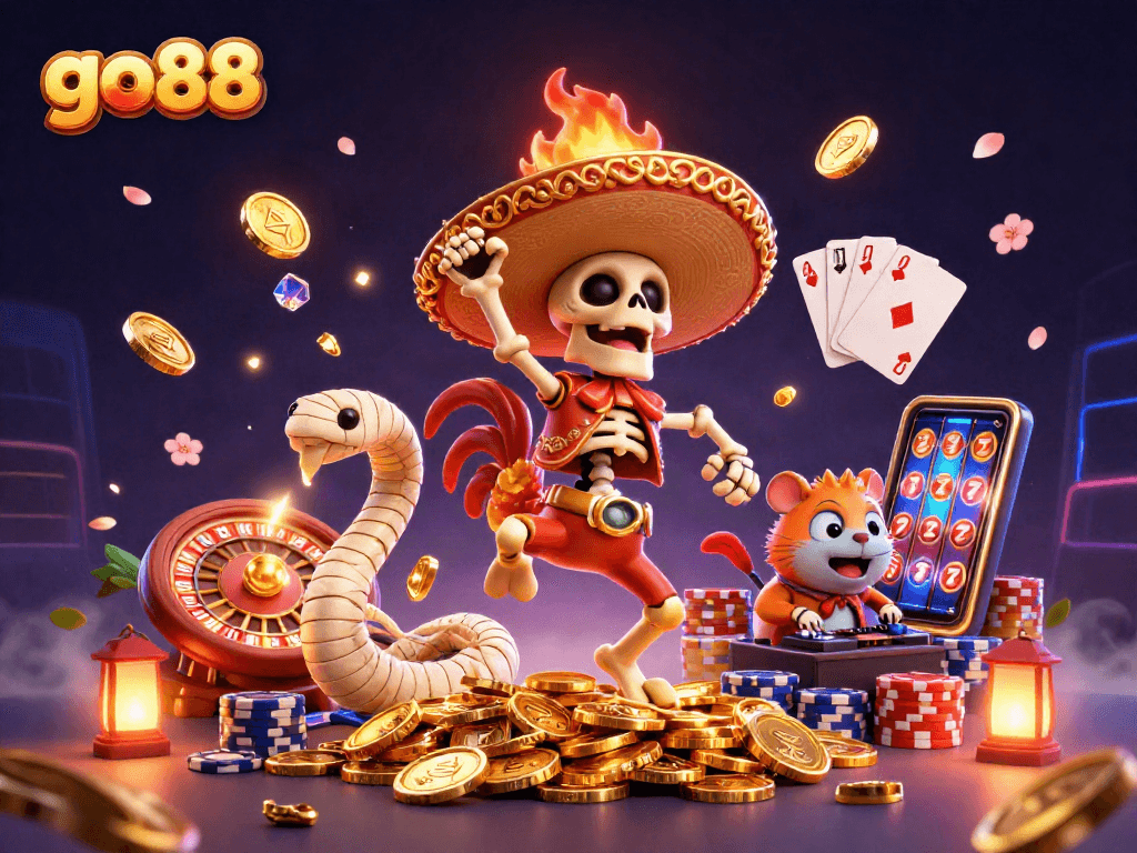 Engage in exhilarating gaming adventures at go88 with a festive mariachi rooster and casino elements.