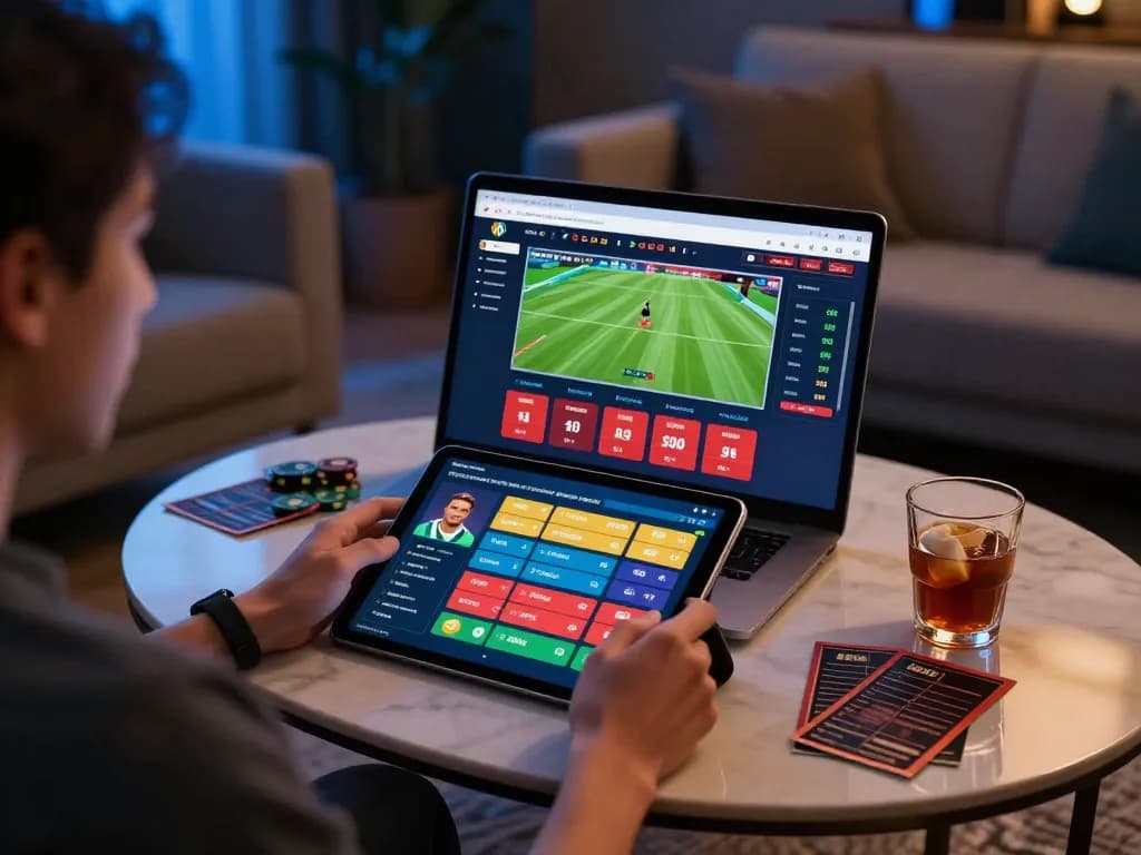 Engaging user exploring bk8's online sports betting features on a tablet, in a stylish lounge setting.