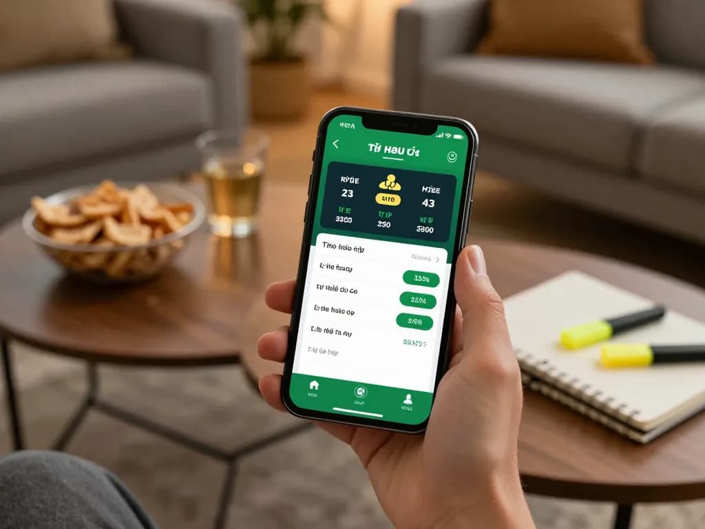 Engaging smartphone screen showing tỷ lệ nhà cái for live sports betting.
