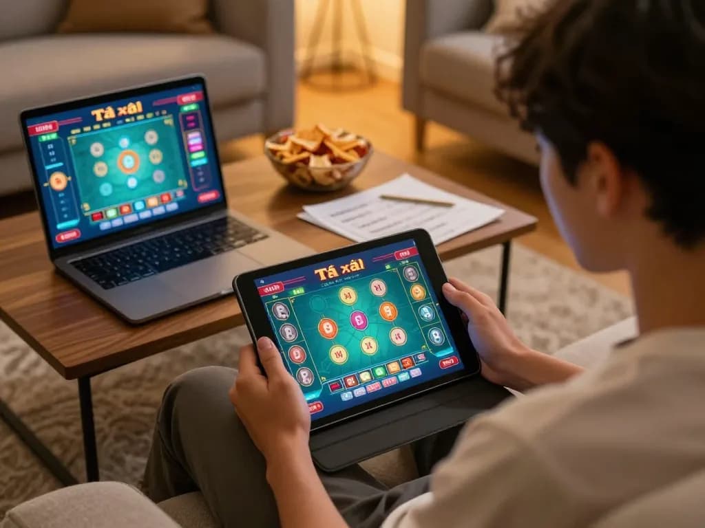 Tai xỉu online game being played on a tablet in a cozy home setting, highlighting strategic betting.