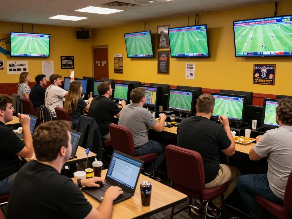 Engaged fans in a vibrant sports betting lounge placing bets and watching live matches on screens at Nowgoal.
