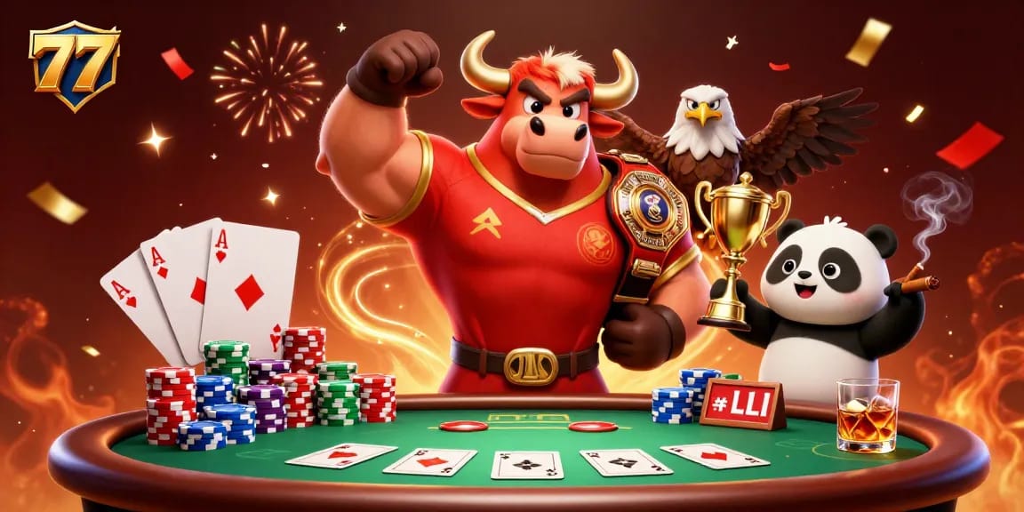 Experience high-stakes action with 777-themed casino characters celebrating victory amid poker chips and cards.