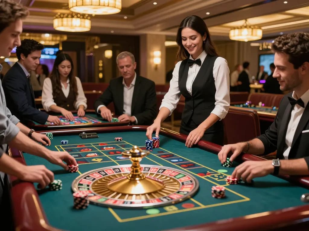 Players enjoying a thrilling roulette game at Go 88, with vibrant chips and a confident dealer spinning the wheel.