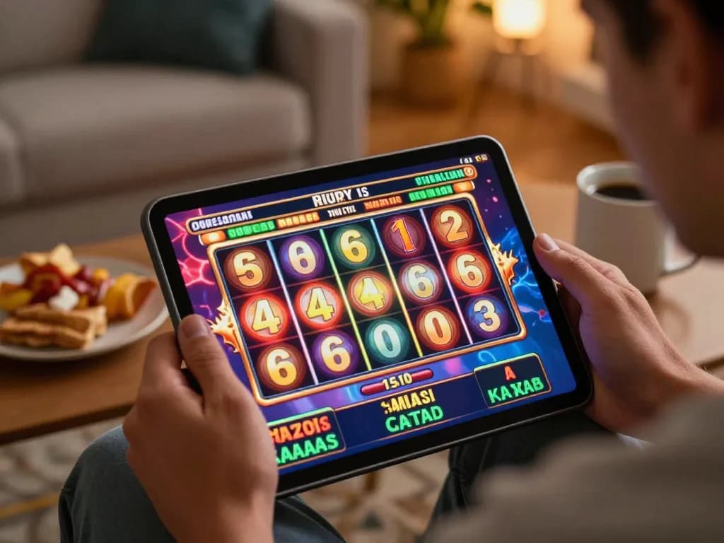 DRAGON222 player experiencing an online slots game with a tablet, celebrating a jackpot win in a cozy home setting