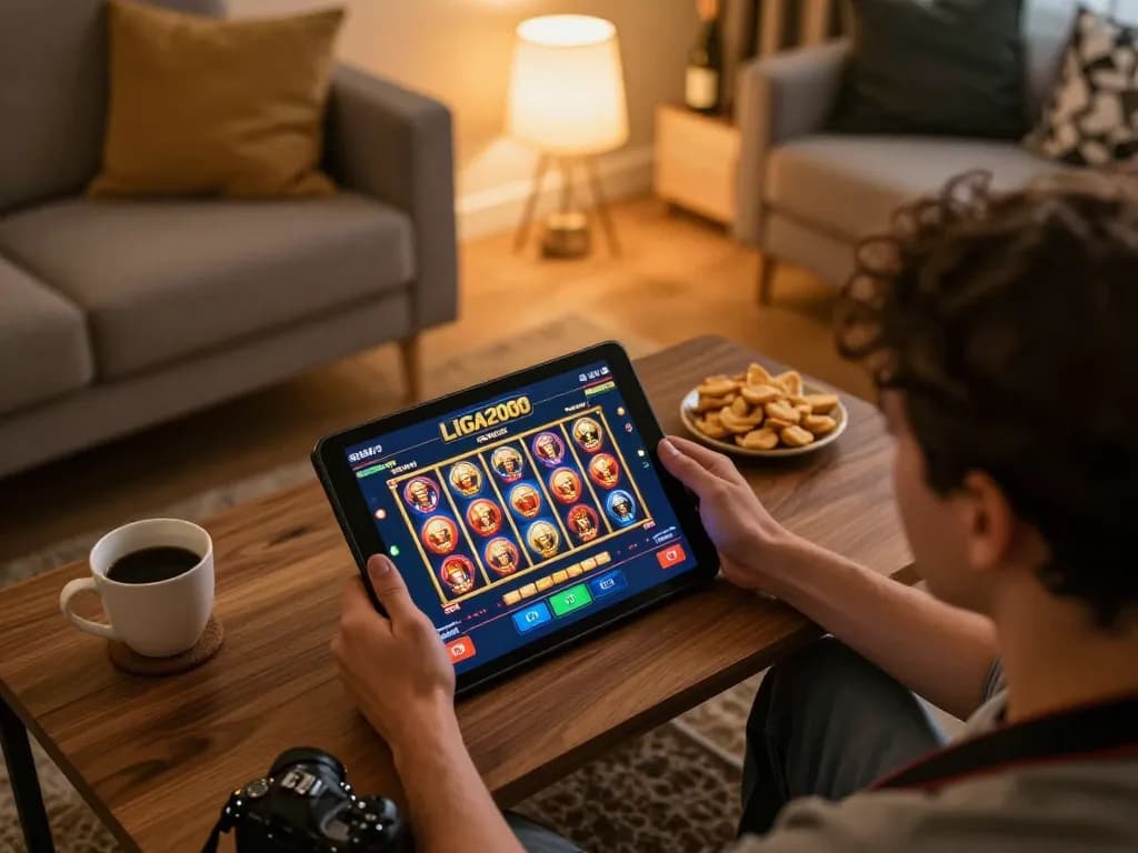 LIGA2000 player engaging with online casino games on a tablet in a cozy home setting.