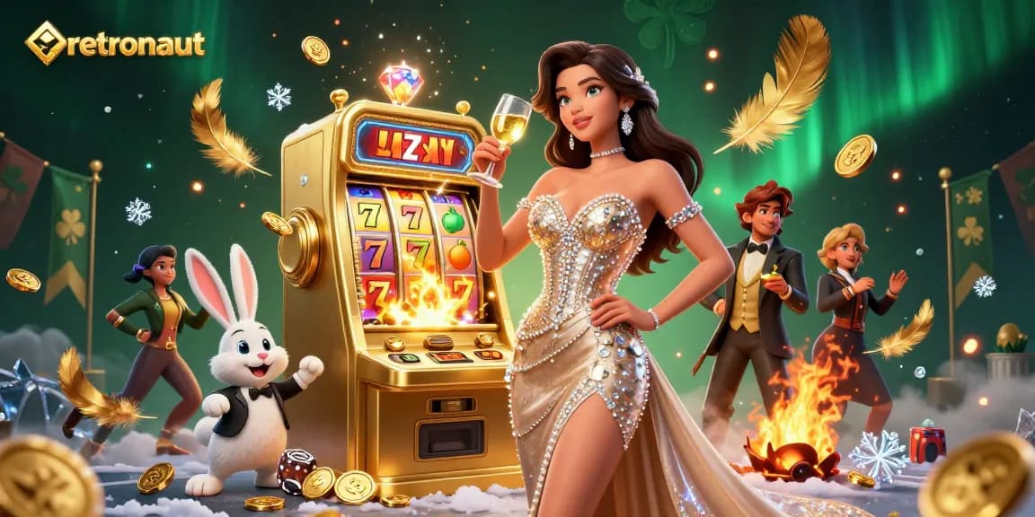 Experience gaming excitement with a retronaut-inspired casino scene featuring a jackpot slot and celebratory ambiance.