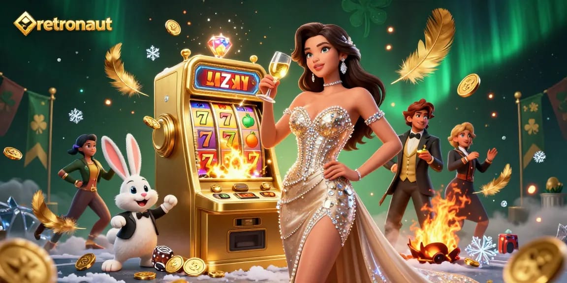 Experience gaming excitement with a retronaut-inspired casino scene featuring a jackpot slot and celebratory ambiance.