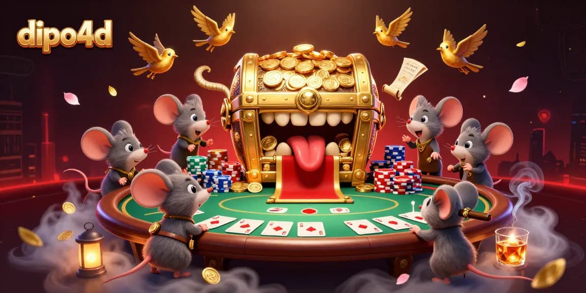 Menggoda pemain dengan dipo4d, peti harta karun berkilau dan meja poker penuh chip serta kartu.