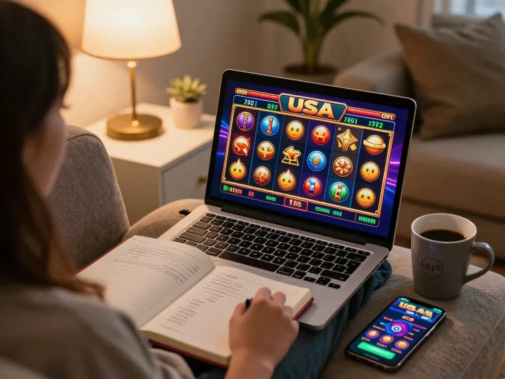 Engaging gameplay at online usa casinos, person playing slots on laptop in cozy home setting.