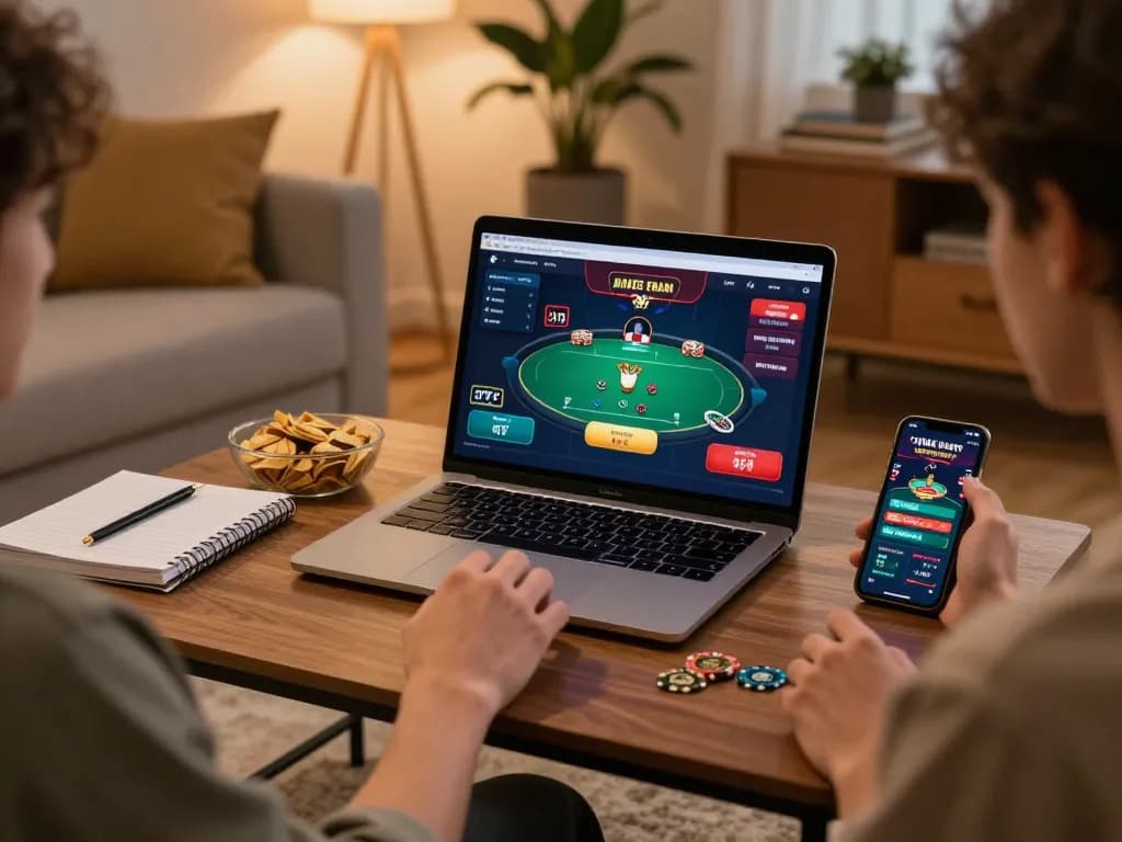 Leci123a user enjoying an online poker game at home in a warm, cozy environment.