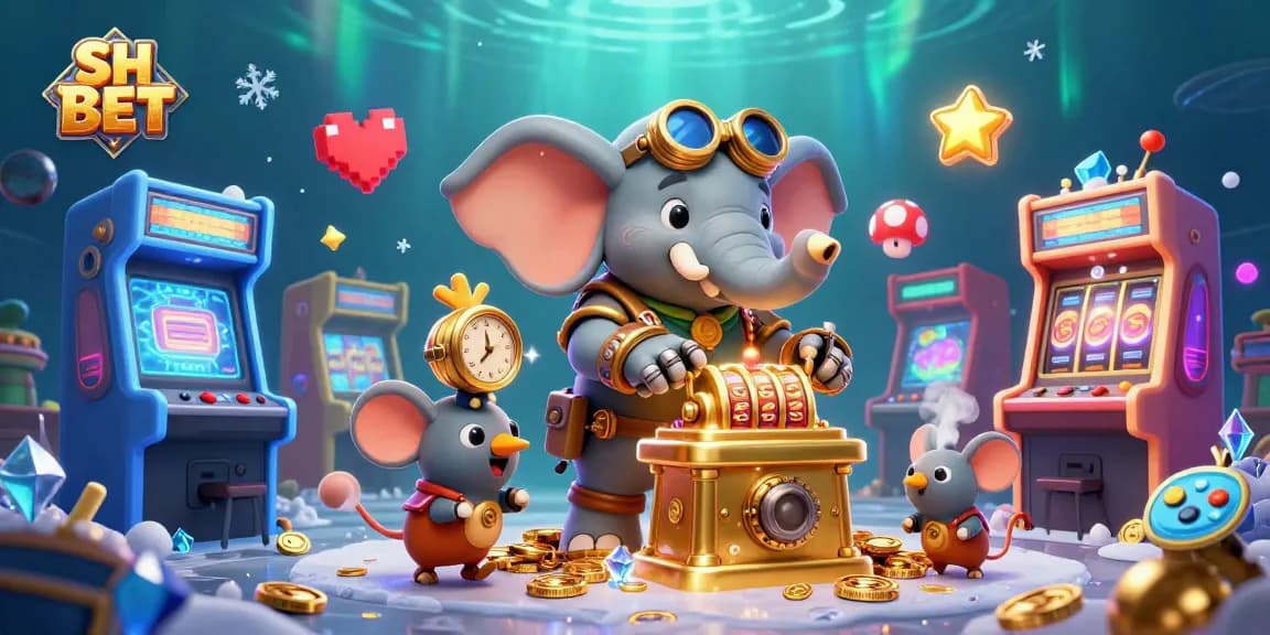Engage with SH BET at this vibrant, dynamic scene featuring a steampunk elephant operating a golden slot machine surrounded by colorful game elements.
