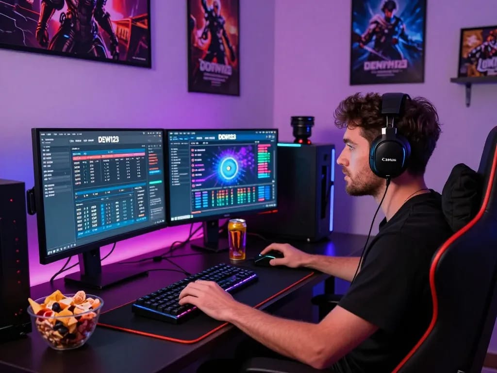 A gamer fully engaged with DEWI123 on dual monitors, showcasing a vibrant online gaming experience.