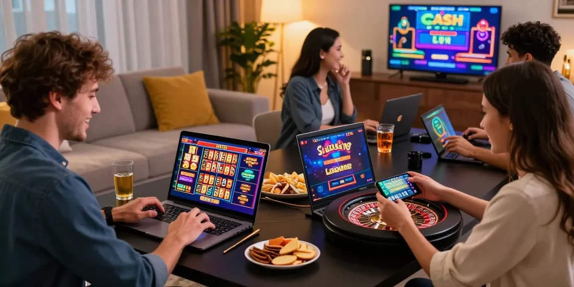 Players enjoying new online casinos in a cozy living room, showcasing vibrant games and modern devices.